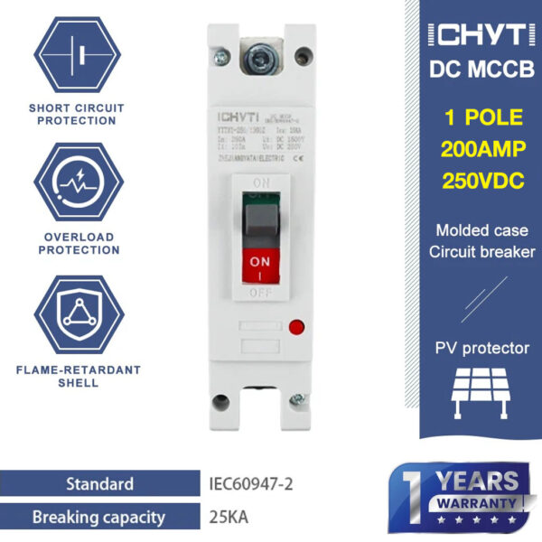 Dc 200 Amp Breaker Mccb 1P For Battery เซอร์กิตเบรกเกอร์ ป้องกันการโอเวอร์โหลดและไฟฟ้าลัดวงจร